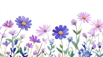 High-res watercolor of violet and lavender asters in a dense botanical layout, layered petals and fine leaves 