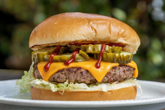 Juicy hamburger delight backyard bbq food photography outdoor setting close-up view culinary indulgence