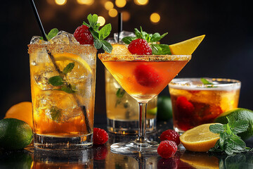 Colorful selection of classic and unusual cocktails with garnish on bar counter in elegant glasses, generative ai