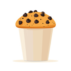 Chocolate chip muffin in a paper cup, cute cartoon vector with no shadow.
