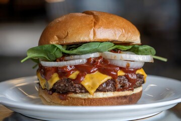Delicious cheeseburger with spinach and onions restaurant food photography indoor setting close-up shot culinary delight