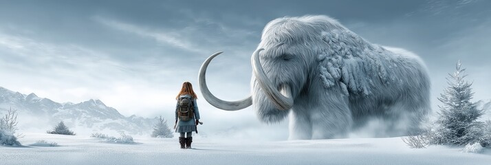 A young adventurer encounters a majestic woolly mammoth in a serene snow-covered landscape under a vast, cloudy sky.