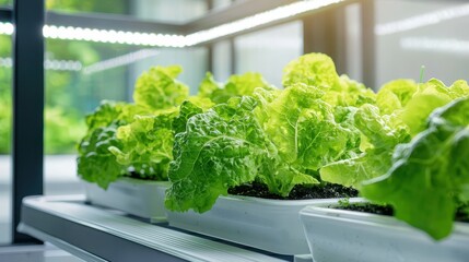 Indoor hydroponic garden with lettuce and basil near window, soft focus from 50mm lens, modern urban apartment 