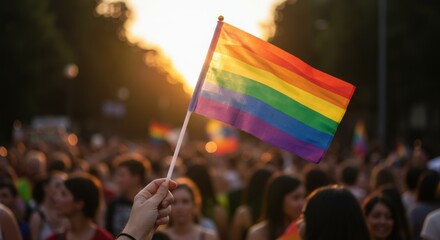 Hand waving rainbow flag at pride event during sunset  
