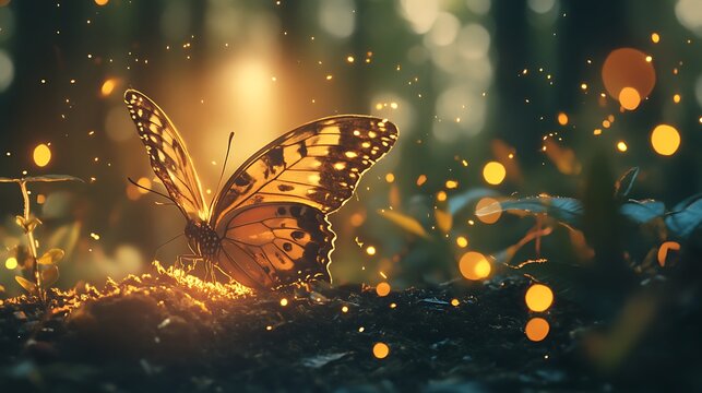 Close Up Image of Butterfly on Forest Ground with Golden Light and Bokeh Effect
