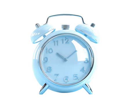 A clear 3D alarm clock with bells, designed with a modern, glossy look. The clock is isolated on a white background, perfect for time-related concepts, punctuality, and morning routines.