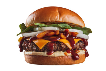 Delicious gourmet burger with bbq sauce food photography studio setting close-up view culinary art transparent background
