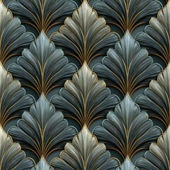 Elegant Teal and Gold Art Deco Leaf Pattern: A Luxurious 3D Design