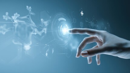 Navigating the Future of Healthcare: A Digital Hand Interacting with Medical Technology and Data Visualizations, Representing Innovation, Research, and Progress in the Medical Field.