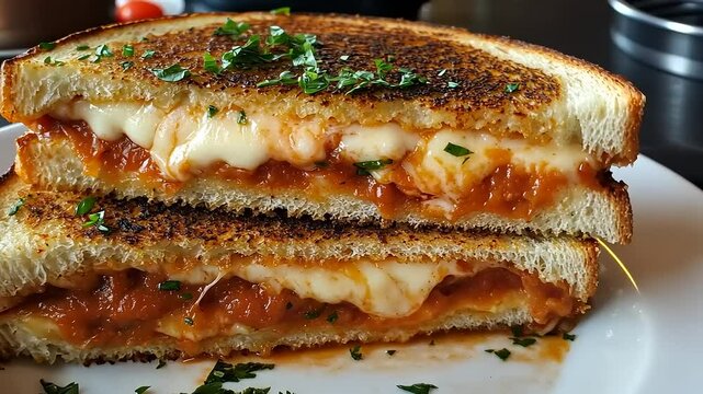 Delicious grilled cheese sandwich with melted cheese and marinara sauce, garnished with herbs