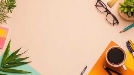 Marketer on right working on brand graphics for social media, light grey-beige background, simple modern look