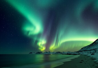 Naklejka premium Aurora Borealis Over the Arctic Beach Landscape at Night with Starry Sky