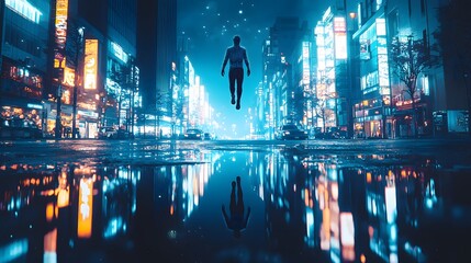A futuristic cyberpunk cityscape at night with neon lights, a floating silhouette figure, and vibrant reflections on wet streets, showcasing a high-tech, immersive urban environment