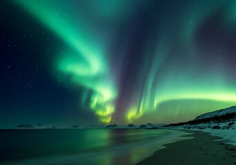 Naklejka premium Dramatic Northern Lights Over Snowy Beach and Ocean Landscape at Night