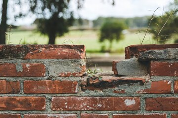 Decaying brick wall with nature's touch outdoor landscape photography rural setting close-up perspective