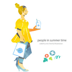 夏を喜ぶ若い女性　カラフルで楽しい水彩風イラスト	
