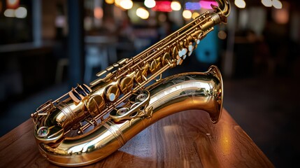 Fototapeta premium Golden saxophone on wooden table in cafe