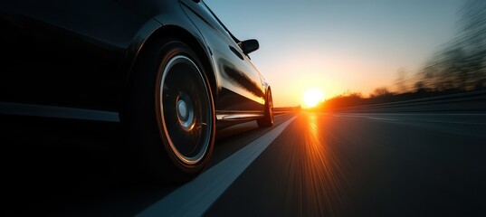 A sleek black car speeds along a highway as the sun sets on the horizon, casting warm hues over the road. The scene captures motion and the beauty of nature blended with travel