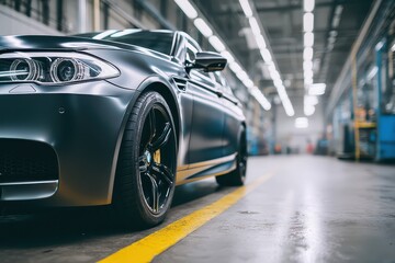 High-performance black car sits on a gray garage platform surrounded by tools and equipment. Industrial lighting creates a professional atmosphere during daytime operations