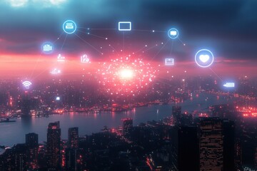 Connected IoT Network Illuminating Futuristic Cityscape with Cyberpunk Aesthetics