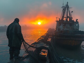 Silhouette of a person with fishing net near a boat at sunset.