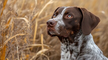 A curious dog gazes thoughtfully amidst golden tall grass during a serene autumn afternoon