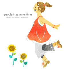 夏を喜ぶ女の子　カラフルで楽しい水彩風イラスト