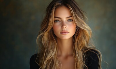 Fototapeta premium Wavy Hairstyle for Women with Long Shiny Brunette Hair and Elegant Makeup