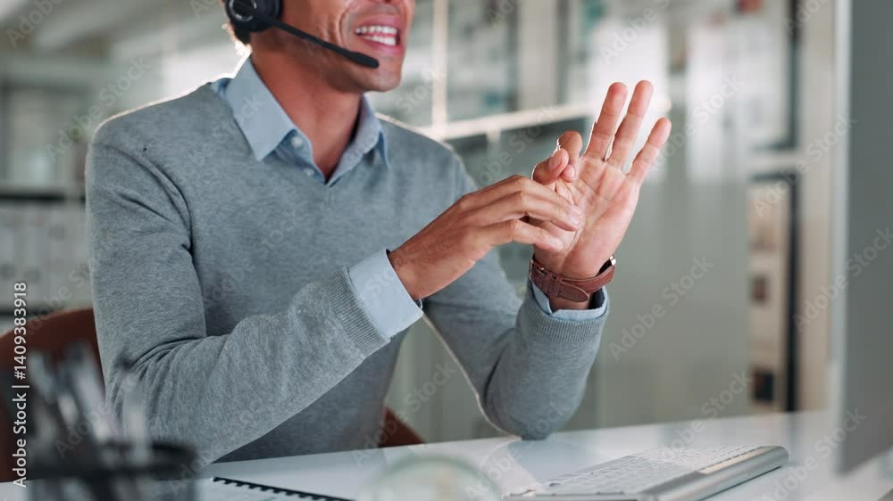 Leinwandbilder computer, hands and headset with man in call center for help or online assistance. communication, co
