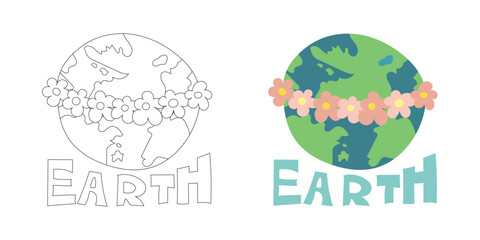 Earth globe decorated with floral garland and soft colors, expressing love for the planet, peace, and ecological care in a joyful, friendly style.