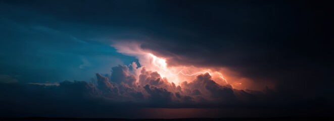 Obraz premium Ominous storm clouds gather overhead as brilliant lightning forks through the darkening sky at dusk, illuminating a distant horizon over calm waters