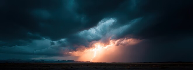 Dark storm clouds fill the sky, accompanied by flashes of lightning that illuminate the horizon. The atmosphere is charged with energy as the thunderstorm unfolds at dusk over a wide-open area