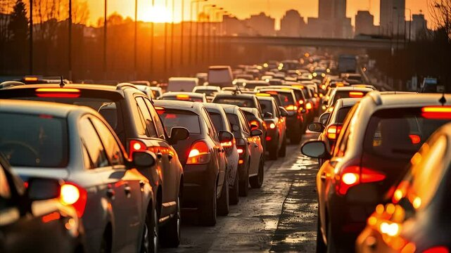 Long line of cars stuck in traffic jam at sunset