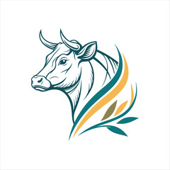 Cow Head with Organic Leaf Elements – Agriculture and Farm Logo Design