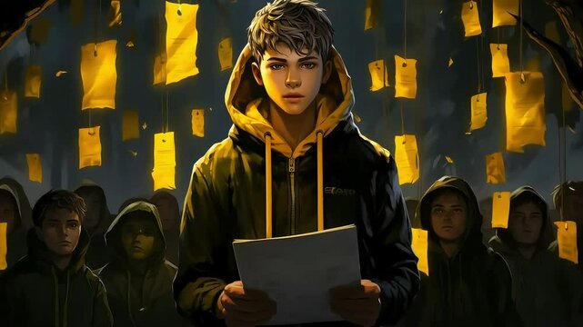 Young man reading with audience and floating papers