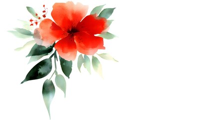 Vibrant Red Hibiscus Flower with Green Leaves in Watercolor Style on White Background