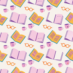 Pastel book lover seamless vector pattern with reading elements