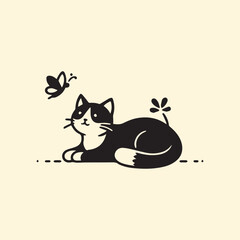 Cute Sleeping Cat with Butterfly on Tail – Vector Illustration