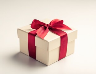 Obraz premium A beautifully wrapped gift box features a vibrant red ribbon, resting on a clean white surface. Perfect for birthdays, holidays, or special events, it evokes feelings of anticipation and delight