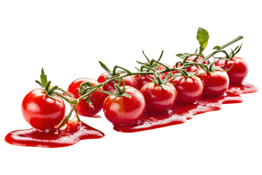 Fresh Cherry Tomatoes on Vine with Juicy Splashes in Clear Background