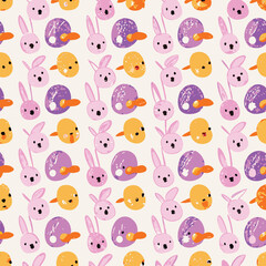 Pastel baby animal seamless vector pattern with bunnies, ducklings, and lambs