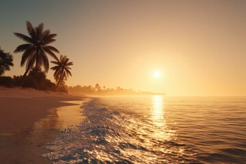 As the sun sets on the horizon, warm golden hues reflect off the calm ocean water, casting a tranquil glow over sandy beaches lined with swaying palm trees and lush greenery