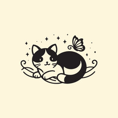 Cute Sleeping Cat with Butterfly on Tail – Vector Illustration
