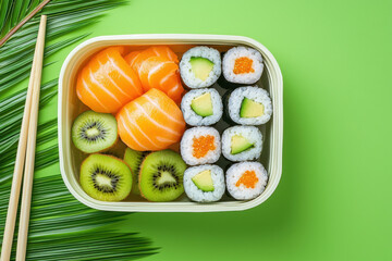 colorful bento box featuring sushi rolls, salmon, and kiwi fruit, perfect for fresh meal
