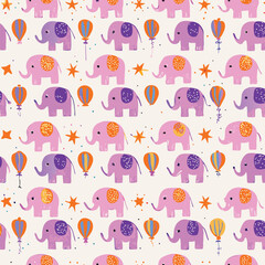 Obraz premium Pastel baby elephant seamless pattern with balloons and stars