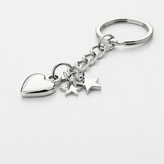 Ultra-realistic silver keychain with heart and star charms on a pure white background. Clean composition with space for text, perfect for web or marketing use.