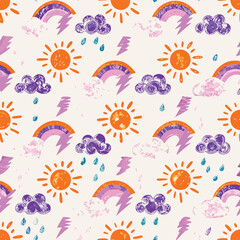 Weather icon pastel seamless pattern with clouds and sun