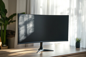 Fototapeta premium Modern computer monitor on wooden desk with sunlight and plants, clean workspace concept, generative AI