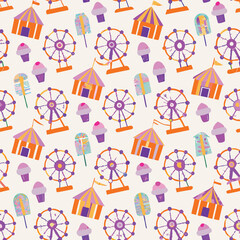 Carnival fun pastel seamless pattern with Ferris wheels and cotton candy in playful baby tones for party decor.