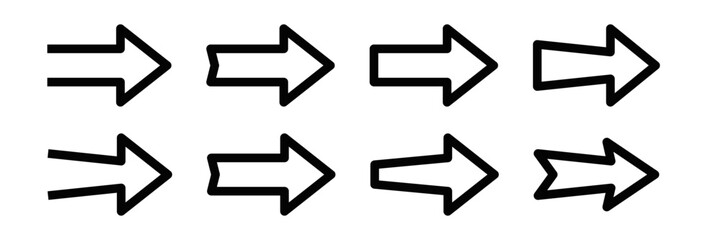 Set of bold arrow vector icons pointing right. Editable stroke.